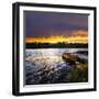 Rowboat Tied to Dock on Beautiful Lake with Dramatic Sunset-elenathewise-Framed Photographic Print