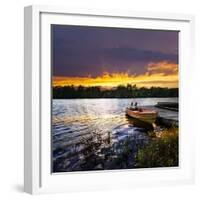 Rowboat Tied to Dock on Beautiful Lake with Dramatic Sunset-elenathewise-Framed Photographic Print