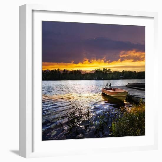 Rowboat Tied to Dock on Beautiful Lake with Dramatic Sunset-elenathewise-Framed Photographic Print