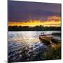 Rowboat Tied to Dock on Beautiful Lake with Dramatic Sunset-elenathewise-Mounted Photographic Print