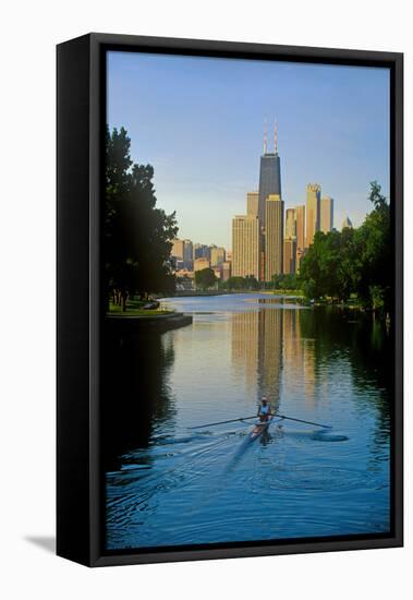 Rower on Chicago River with Skyline-null-Framed Stretched Canvas