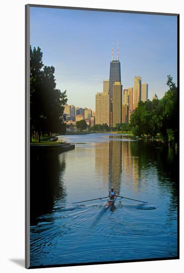 Rower on Chicago River with Skyline-null-Mounted Photographic Print