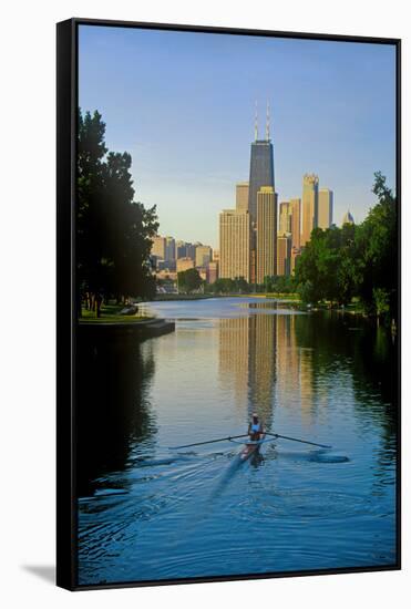 Rower on Chicago River with Skyline-null-Framed Stretched Canvas