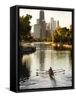 Rowers in Lincoln Park lagoon at dawn, Chicago, Illinois, USA-Alan Klehr-Framed Stretched Canvas