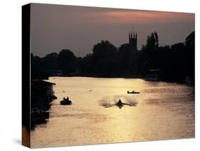 Rowers on River Thames with Church Tower Beyond, Hampton, Greater London, England-Charles Bowman-Stretched Canvas