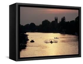 Rowers on River Thames with Church Tower Beyond, Hampton, Greater London, England-Charles Bowman-Framed Stretched Canvas
