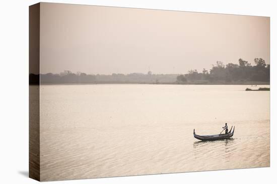 Rowing Boat on Taungthaman Lake at Sunrise, Myanmar (Burma)-Matthew Williams-Ellis-Stretched Canvas