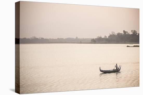 Rowing Boat on Taungthaman Lake at Sunrise, Myanmar (Burma)-Matthew Williams-Ellis-Stretched Canvas