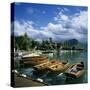 Rowing Boats Along Lake Shore, Talloires, Lake Annecy, Rhone Alpes, France, Europe-Stuart Black-Stretched Canvas