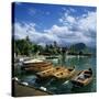 Rowing Boats Along Lake Shore, Talloires, Lake Annecy, Rhone Alpes, France, Europe-Stuart Black-Stretched Canvas