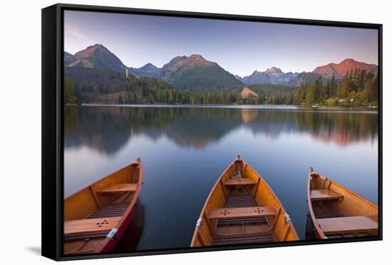 Rowing Boats and Mountains Beneath a Twilight Sky, Strbske Pleso Lake in the High Tatras, Slovakia-Adam Burton-Framed Stretched Canvas