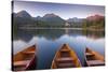 Rowing Boats and Mountains Beneath a Twilight Sky, Strbske Pleso Lake in the High Tatras, Slovakia-Adam Burton-Stretched Canvas