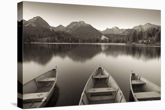 Rowing Boats and Mountains Beneath a Twilight Sky, Strbske Pleso Lake in the High Tatras, Slovakia-Adam Burton-Stretched Canvas