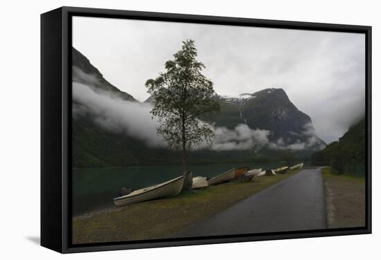 Rowing Boats, Lake, Mountains and Low Cloud, Lovatnet Lake, Norway, Scandinavia, Europe-Eleanor-Framed Stretched Canvas