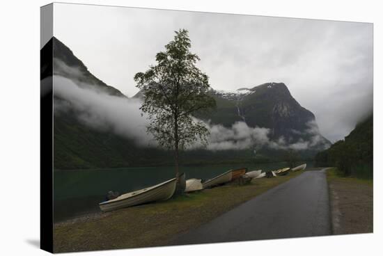 Rowing Boats, Lake, Mountains and Low Cloud, Lovatnet Lake, Norway, Scandinavia, Europe-Eleanor-Stretched Canvas