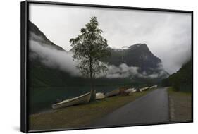 Rowing Boats, Lake, Mountains and Low Cloud, Lovatnet Lake, Norway, Scandinavia, Europe-Eleanor-Framed Photographic Print