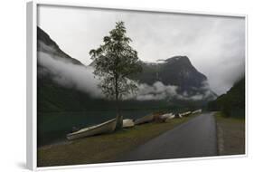 Rowing Boats, Lake, Mountains and Low Cloud, Lovatnet Lake, Norway, Scandinavia, Europe-Eleanor-Framed Photographic Print