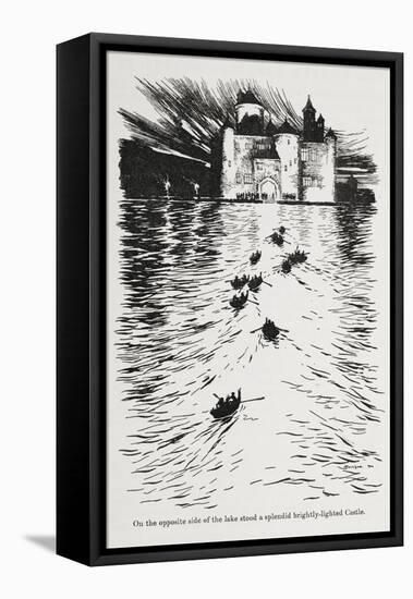 Rowing boats on a river approaching a castle at night, 1925-Arthur Rackham-Framed Stretched Canvas