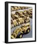 Rows of Brightly Colored Caterpillar Bulldozers Lined up at an Unidentified Factory-John Zimmerman-Framed Photographic Print