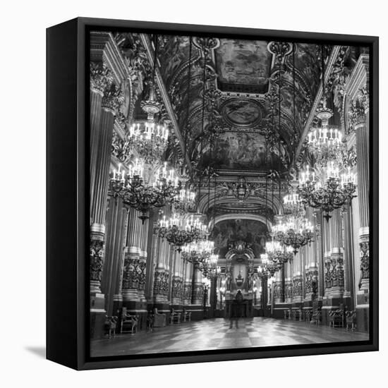 Rows of Chandeliers Hanging in the Grand Lobby of the Paris Opera House-null-Framed Stretched Canvas