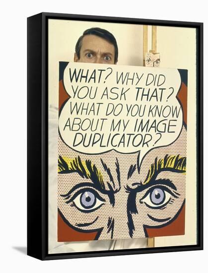 Roy Lichtenstein Holding His Painting "Image Duplicator"-John Loengard-Framed Stretched Canvas