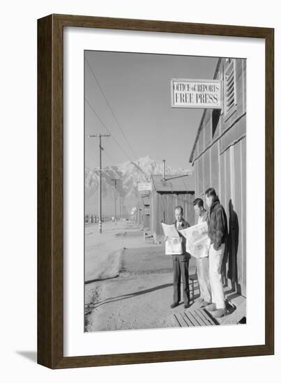 Roy Takeno (Editor) and Group Reading Manzanar Paper [I.E. Los Angeles Times] in Front of Office-Ansel Adams-Framed Art Print