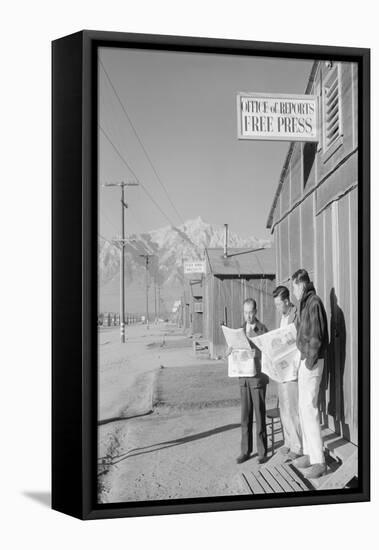 Roy Takeno (Editor) and Group Reading Manzanar Paper [I.E. Los Angeles Times] in Front of Office-Ansel Adams-Framed Stretched Canvas