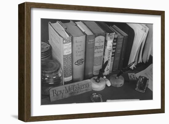 Roy Takeno's Desk, Manzanar Relocation Center-Ansel Adams-Framed Art Print