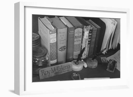 Roy Takeno's Desk, Manzanar Relocation Center-Ansel Adams-Framed Art Print