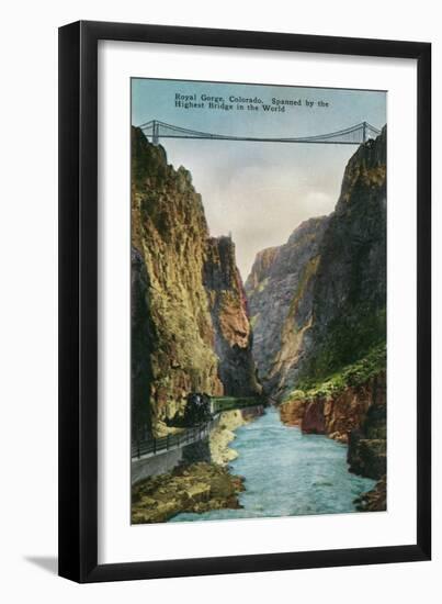 Royal Gorge, Colorado, View of the Bridge and Denver and Rio Grand Railroad Train-Lantern Press-Framed Art Print