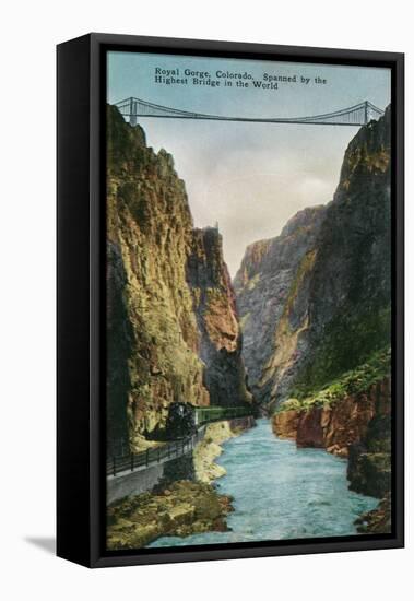 Royal Gorge, Colorado, View of the Bridge and Denver and Rio Grand Railroad Train-Lantern Press-Framed Stretched Canvas