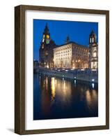 Royal Liver Building at Dusk, Pier Head, UNESCO World Heritage Site, Liverpool, Merseyside, England-Chris Hepburn-Framed Photographic Print