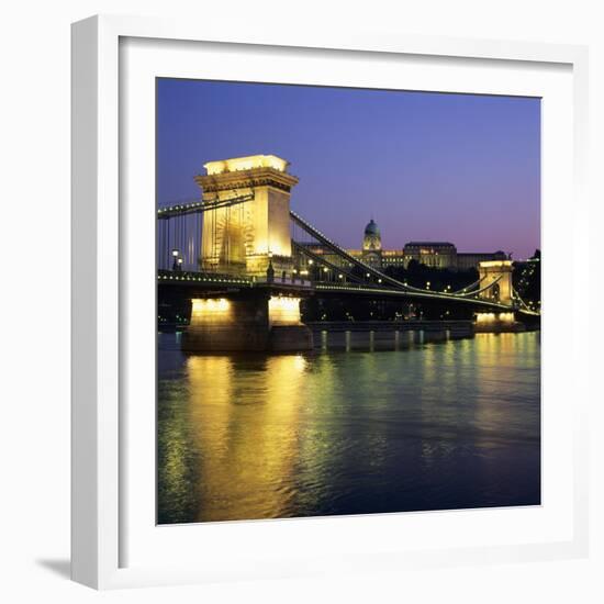 Royal Palace (Budavari Palota) (Buda Castle) and Chain Bridge at Dusk, UNESCO World Heritage Site,-Stuart Black-Framed Photographic Print