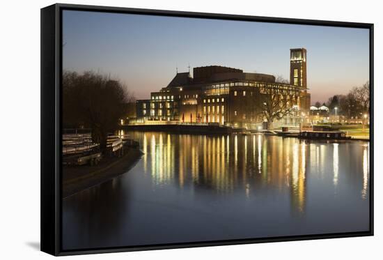 Royal Shakespeare Theatre Lit Up at Dusk Beside River Avon, Stratford-Upon-Avon, Warwickshire-Stuart Black-Framed Stretched Canvas