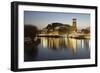 Royal Shakespeare Theatre Lit Up at Dusk Beside River Avon, Stratford-Upon-Avon, Warwickshire-Stuart Black-Framed Photographic Print