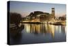 Royal Shakespeare Theatre Lit Up at Dusk Beside River Avon, Stratford-Upon-Avon, Warwickshire-Stuart Black-Stretched Canvas