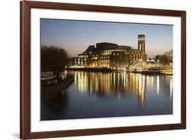 Royal Shakespeare Theatre Lit Up at Dusk Beside River Avon, Stratford-Upon-Avon, Warwickshire-Stuart Black-Framed Photographic Print