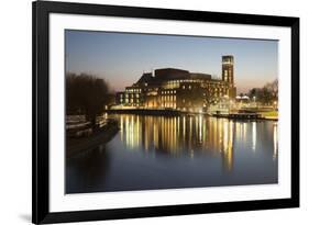 Royal Shakespeare Theatre Lit Up at Dusk Beside River Avon, Stratford-Upon-Avon, Warwickshire-Stuart Black-Framed Photographic Print