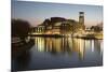 Royal Shakespeare Theatre Lit Up at Dusk Beside River Avon, Stratford-Upon-Avon, Warwickshire-Stuart Black-Mounted Photographic Print