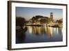 Royal Shakespeare Theatre Lit Up at Dusk Beside River Avon, Stratford-Upon-Avon, Warwickshire-Stuart Black-Framed Photographic Print