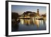 Royal Shakespeare Theatre Lit Up at Dusk Beside River Avon, Stratford-Upon-Avon, Warwickshire-Stuart Black-Framed Photographic Print