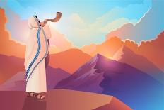 Jewish Man Blowing the Shofar Ram's Horn on a Beautiful Mountain and Cloudscape Background-rudall30-Photographic Print