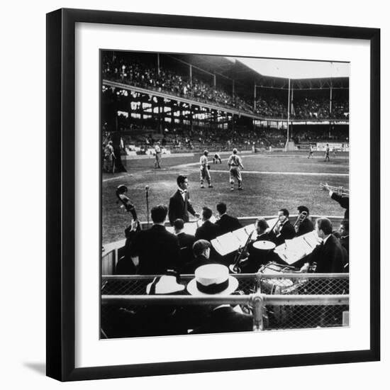 Rudy Friml Jr.'s Hot Jazz Band, Playing at Ebbets Field During Dodgers vs. Cardinals Baseball Game-David Scherman-Framed Premium Photographic Print