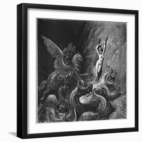 Ruggiero Rescuing Angelica, Illustration from Canto X of 'Orlando Furioso' by Ludovico Ariosto-Gustave Doré-Framed Giclee Print