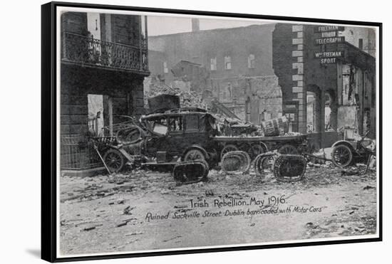 Ruined Sackville Street, Dublin, Barricaded with Motor Cars-null-Framed Stretched Canvas