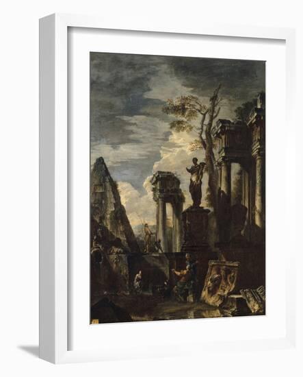 Ruines d'architecture antique avec la pyramide de Cestius et la statue de Flore.-Giovanni Paolo Pannini-Framed Giclee Print