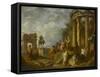 Ruines d'architecture avec l'Arc de Janus, le temple de Vesta, la statue équestre de Marc-Aurèle-Giovanni Paolo Pannini-Framed Stretched Canvas