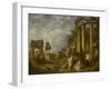 Ruines d'architecture avec l'Arc de Janus, le temple de Vesta, la statue équestre de Marc-Aurèle-Giovanni Paolo Pannini-Framed Giclee Print