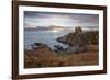 Ruins of Dunskey Castle on rugged coastline at sunset-Stuart Black-Framed Photographic Print