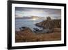 Ruins of Dunskey Castle on rugged coastline at sunset-Stuart Black-Framed Photographic Print